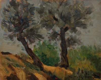Two Olive Trees in Patissia (My First Work) — Oil painting, Fiberboard, 21.00×26.00cm — Theodoros Markellos